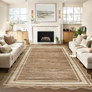 10x13 Scalloped Washable Area Rug, Soft Low-Pile Non-Slip Indoor Carpet for Living Room, Bedroom, Camel - 1 of 4