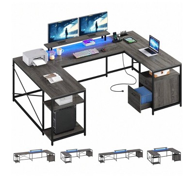 U Shaped Desk With Power Outlets & LED Lights Desk With Drawers Corner Computer Desk Office Desk With Monitor Stand & Storage Shelves