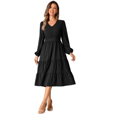 INSPIRE CHIC Women's V Neck Lantern Sleeve Ruffle Flowy A-Line Elegant Midi Dress