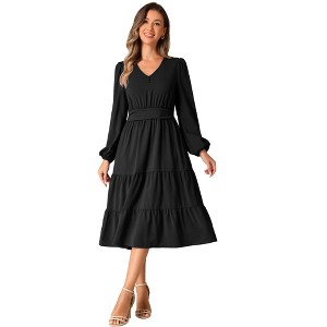 INSPIRE CHIC Women's V Neck Lantern Sleeve Ruffle Flowy A-Line Elegant Midi Dress - 1 of 4