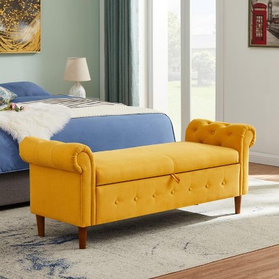 Nicbex 63" Storage Bench Multifunctional Linen Upholstered Storage Bench with Armrests for Entryway Bedroom