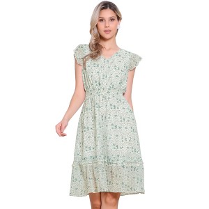 Allegra K Women's Floral Flutter Sleeves V Neck Smocked Ruffle Sundresses - 1 of 4