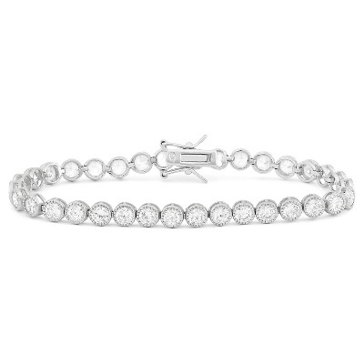 Round-cut Milgrain Cubic Zirconia Tennis Bracelet in Sterling Silver