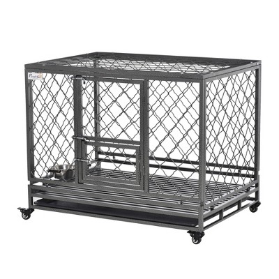 Heavy Duty Black Rolling Steel Dog Crate with Tray