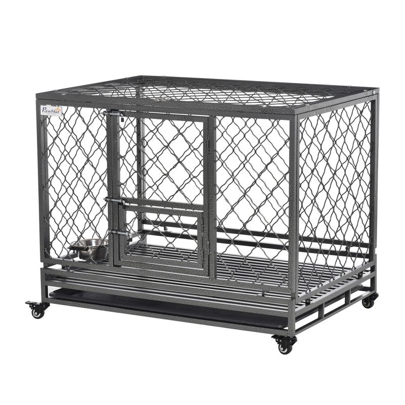 PawHut 42.5" Heavy Duty Dog Crate Metal Kennel and Cage Dog Playpen with Lockable Wheels, Slide-out Tray, Food Bowl and Double Doors, 5 of 8