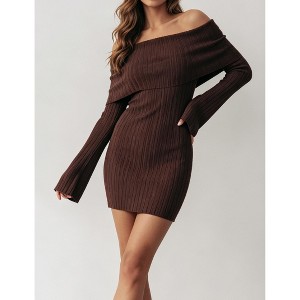 Women Off‑The‑Shoulder Ribbed Knit Mini Dress Long Flare Sleeve Bodycon Sweater Dress, Brown, M : Target
