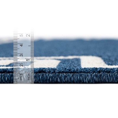 Navy Blue Geometric Border Rectangular Synthetic Rug