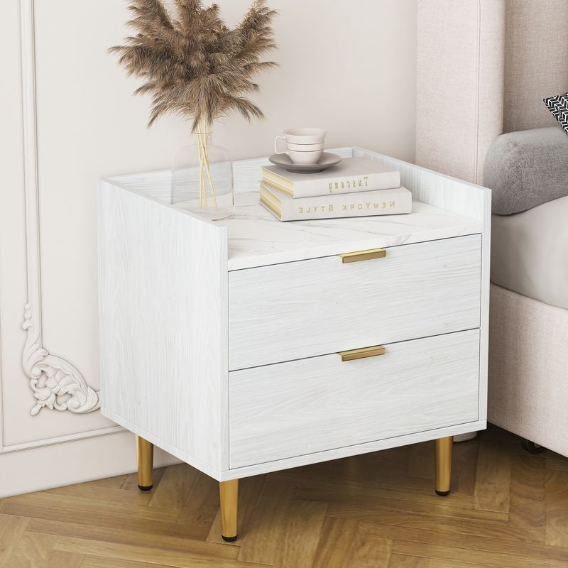 19.7" Wooden Nightstand with 2 Drawers and Marbling Worktop, Mordern End Table with Metal Legs & Handles - ModernLuxe, 1 of 9