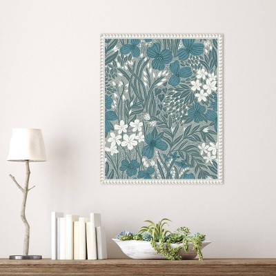 Teal and White Floral Botanical Canvas Wall Art with White Frame, 16x20