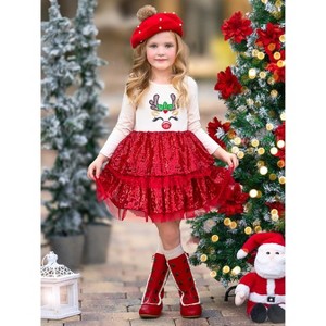 Sparkling Reindeer Sequin Long Sleeve Tutu Dress Mia Belle Girls - 1 of 4