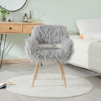 Airsurfer Faux Fur Upholstered Makeup Chair, Modern Side Dining Chair with Sturdy Metal Legs, Cozy and Stylish Seating