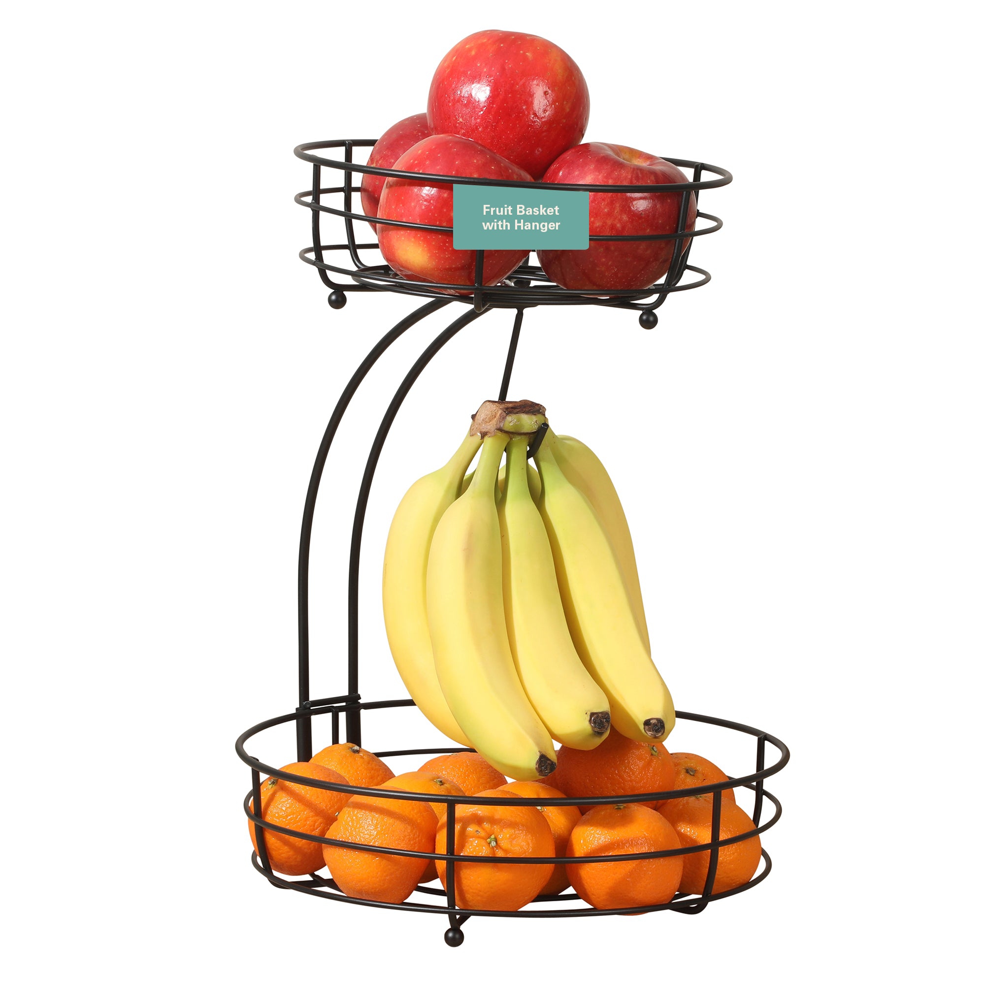 Gibson Home Harvest Season Two-Tier Fruit Basket with Banana Hanger – Black Metal Countertop Produce Stand