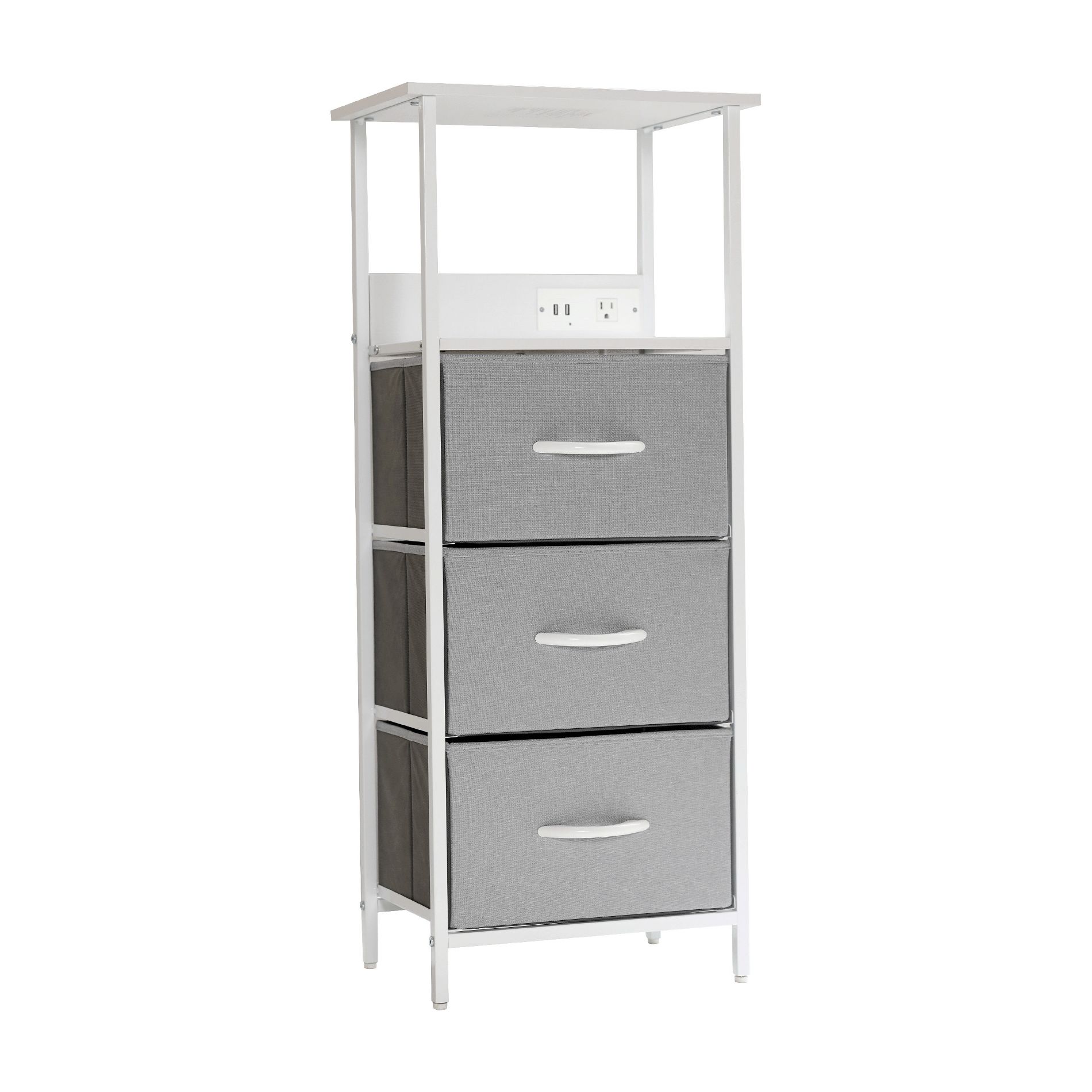 Emma and Oliver Charging Nightstand with 3 Fabric Drawers, 2 USB Ports, 1 Outlet in Gray/White