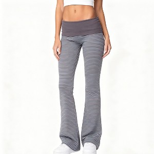 Womens Striped Fold Over Waist Bootcut Pants High Waist Stretchy Yoga ...