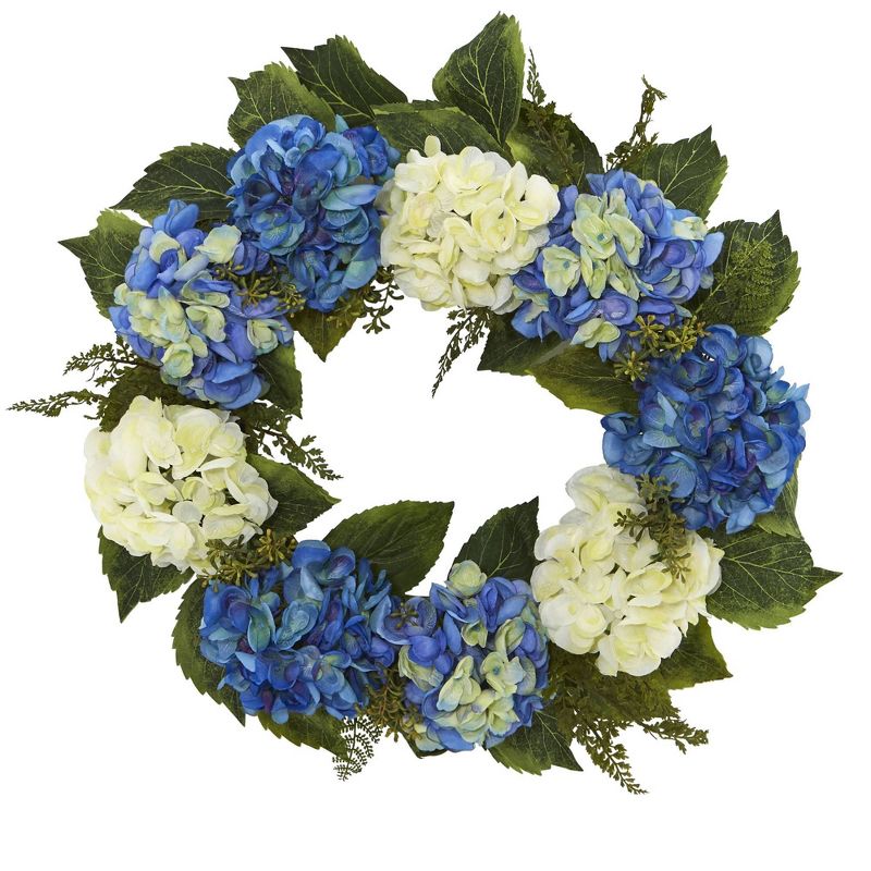24&#34; Artificial Hydrangea Wreath Blue/White - Nearly Natural, 1 of 5