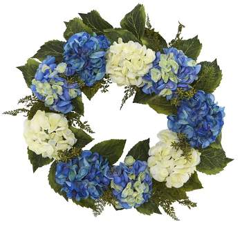 24" Artificial Hydrangea Wreath Blue/White - Nearly Natural