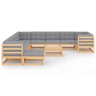 vidaXL Patio Furniture Set 12 Piece Outdoor Sectional Sofa Solid Wood Pine - Natural With Cushions