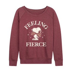 Women's - Peanuts - Feeling Fierce Snoopy Lightweight French Terry Wide Neck Long Sleeve Graphic Shirt - 1 of 4