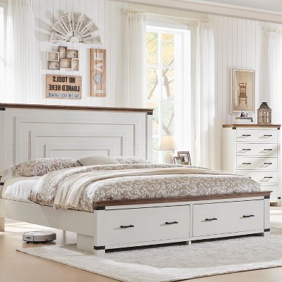 SinCiDo Farmhouse King-Sized Bed Frame 54" Headboard with 2 Large Drawers, Supported By Wooden Strips, No Spring Mattress Required, Noise Free