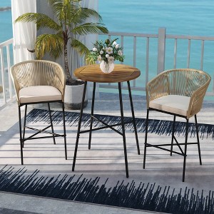 Costway 3 PCS Rope Woven Patio Bar Set with Soft Cushions and Acacia Wood Tabletop - 1 of 4