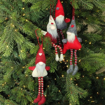 Set of 4 Red and Gray Plush Gnome Christmas Ornaments