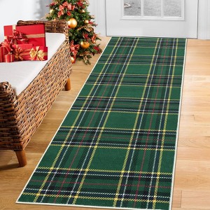 Festive Christmas Plaid Runner Rug, Non-Slip Low Pile Washable Entryway Floor Mat, Holiday Hallway Carpet for Home Decor - 1 of 4