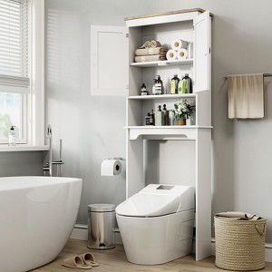 Over The Toilet Storage Cabinet with Toilet Paper Holder Double Door Bathroom Organizer with Adjustable Shelves Freestanding Bathroom Shelf , White - 1 of 4