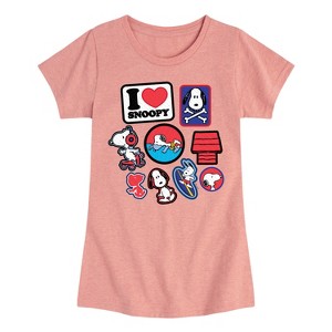 Girls' - Peanuts - I Heart Snoopy Patches Fitted Short Sleeve Graphic T-Shirt - 1 of 4