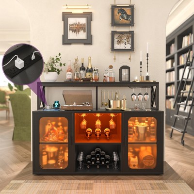 Aheaplus Bar Cabinet with Led Lights and Glass Holders, Bar Cabinet with Power Outlet
