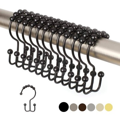 Matte Black Double Shower Curtain Hooks with Roller Balls, Set of 12