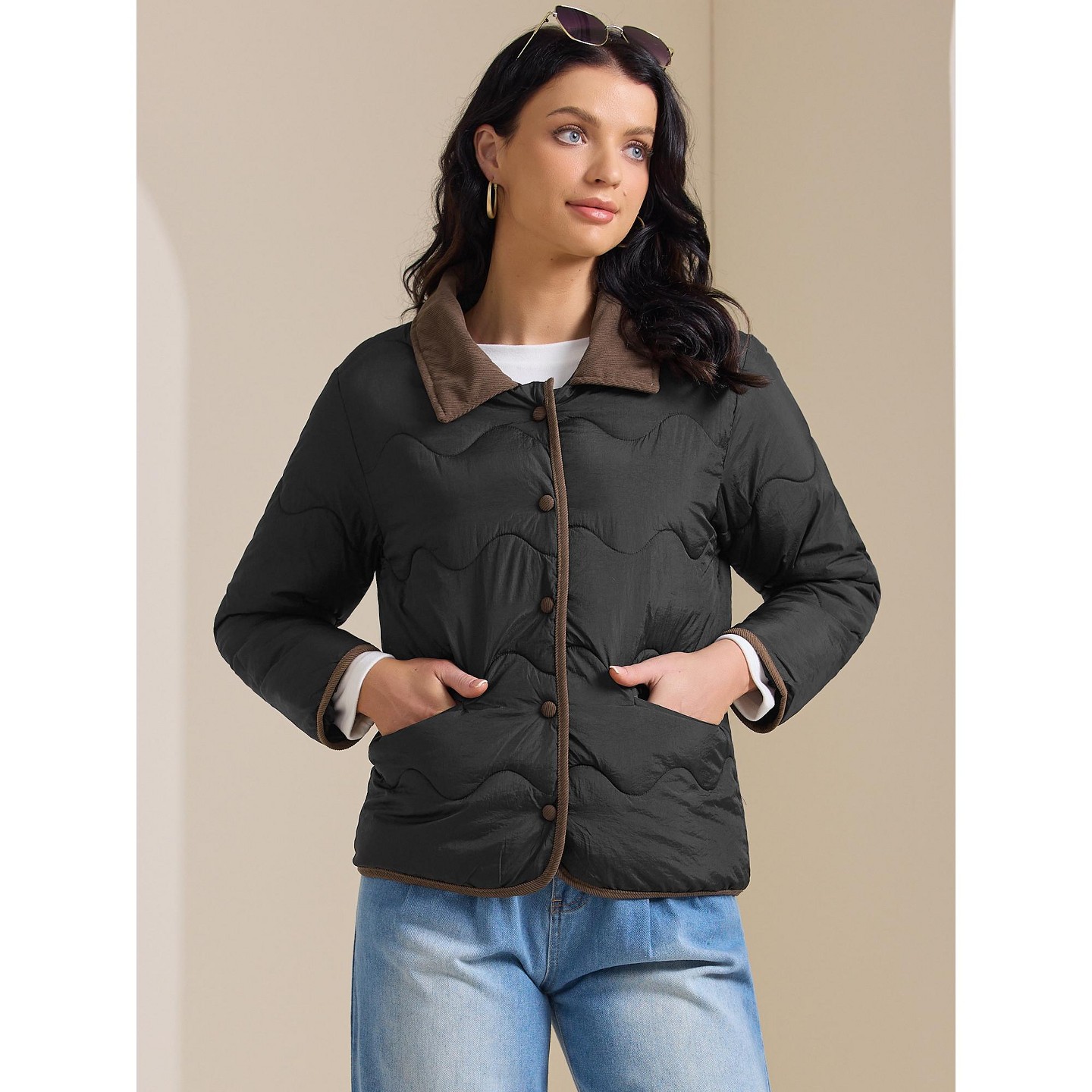 Женская куртка INSPIRE CHIC Casual Long Sleeve Button Down Padded Outerwear Puffer Jacket Medium Black, цвет: Чёрный — фото 3