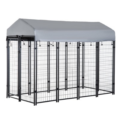 Gsluuk PawHut 8' x 4' x 6' Dog Playpen Outdoor, Dog Kennel Dog Exercise Pen with Lockable Door, Water-resistant Canopy, for Medium and Large Dogs