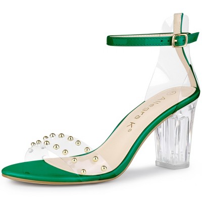 Allegra K Women's Rivet Decor Clear Block Heel Buckle Closure Ankle Strap Sandals