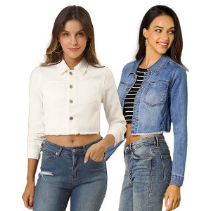 INSPIRE CHIC Women's Turn Down Frayed Button Down Washed Cropped Denim Jacket 2 Packs - 1 of 4