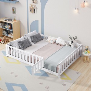 CAVINAS Full Size Floor Platform Bed with Fence and Door,Montessori Floor Bed Frame for Kids,Toddlers,Wood Slats Support - 1 of 4