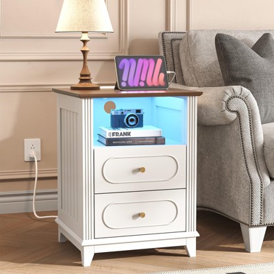 Nightstand with Charging Station, 17.7"W LED Bedside Table End Table