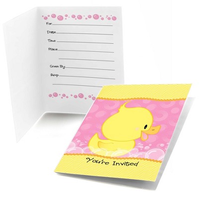 Big Dot of Happiness Pink Ducky Duck - Fill-In Girl Baby Shower or Birthday Party Invitations (8 count)