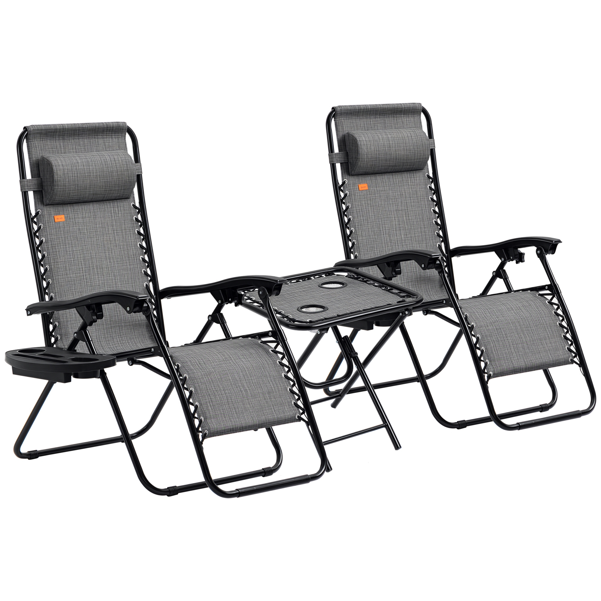 Outsunny Zero Gravity Chair Set with Side Table, Adjustable & Folding Reclining Lounge Chairs, Anti-Gravity Chairs with Cupholders & Pillows, Gray