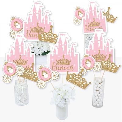 Big Dot of Happiness Little Princess Crown - Pink and Gold Princess Baby Shower or Birthday Party Centerpiece Sticks - Table Toppers - Set of 15