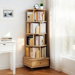 KTMBDW 5 Tier Rotating Bookshelf, 360¡ã Display Round Spinning Bookshelf with Wheels, Rotating Bookshelf Tower for Bedroom, Living Room,Office,Natural - 1 of 4