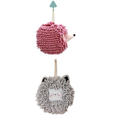 REGALWOVEN Chenille Fuzzy Ball Cute Cartoon Decorative Hand Drying Hanging Hand Towel for Bathroom 7" x 7" 2 Pcs