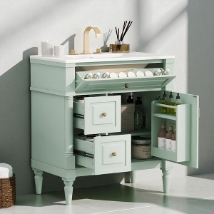 Mshliw 30" Freestanding Bathroom Vanity with Ceramic Sink, Flip Drawer, 2 Storage Drawers & Adjustable Shelf, Solid Rubberwood Frame - 1 of 4