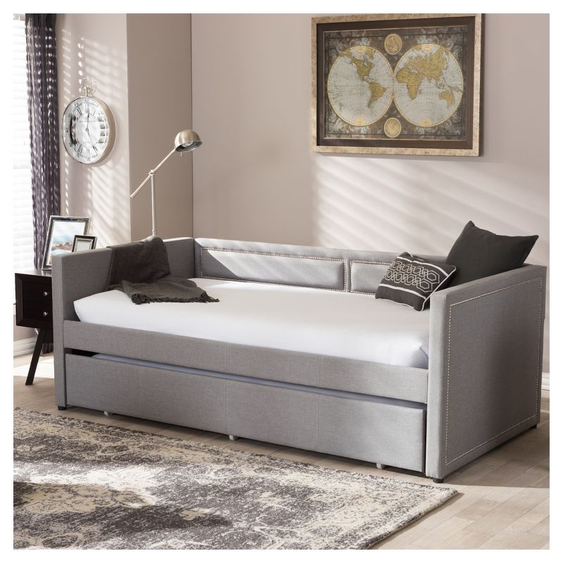 Twin Raymond Modern and Contemporary Fabric Nailhead Trimmed Sofa Daybed with Roll Out Trundle Guest Bed Gray - Baxton Studio, 6 of 12