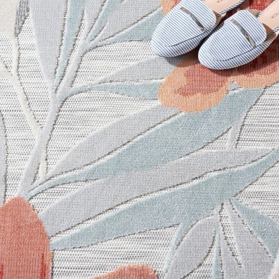 Grey and Rust Floral Washable Synthetic Area Rug