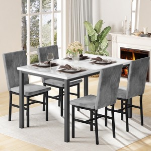 Hooseng Modern Kitchen 5 Piece Dining Table Set for 4, Dining Table Set For 4 With 4 Upholstered Velvet Chairs, 5-Piece Faux Marble Dining Set - 1 of 4