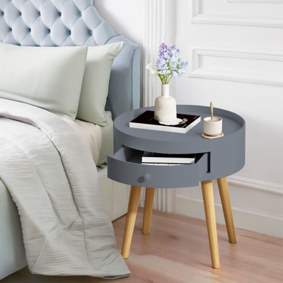 PAGED Night Stand Modern Bedside Table Wooden Round Nightstand with Storage Drawer and Desktop Baffle for Bedroom, Gray