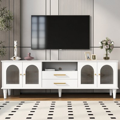 68.9" TV Stand with Fluted Glass Doors and Five Solid Wood Legs for TVs with Cable Management and Adjustable Leg Height for Living Room