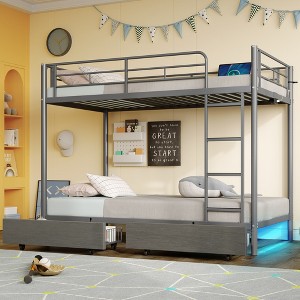 Greenstell Metal Bunk Bed Full Over Full Bed Frame with Storage Drawers & Charging Station and  LED Light ,with Safety Guardrail & Ladders Black - 1 of 4