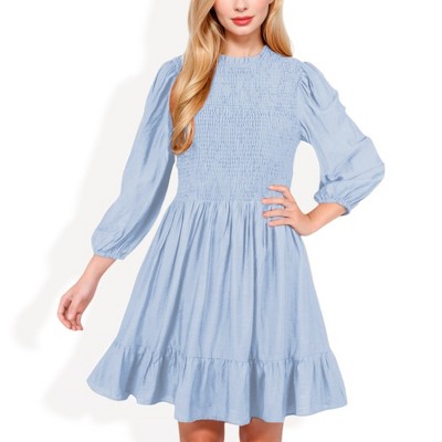 Anna-Kaci Women's Smocked Waist Ruffle Hem Dress with Puff Sleeves- X Small, Light Blue