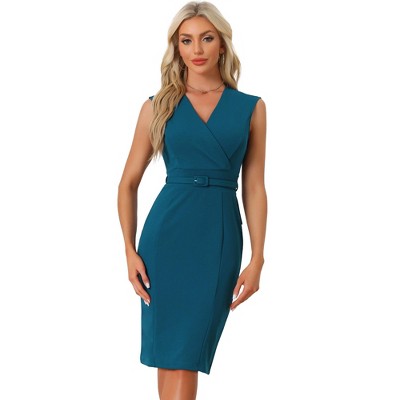 INSPIRE CHIC Women's Sleeveless V Neck Business Office Belt Pencil Dresses